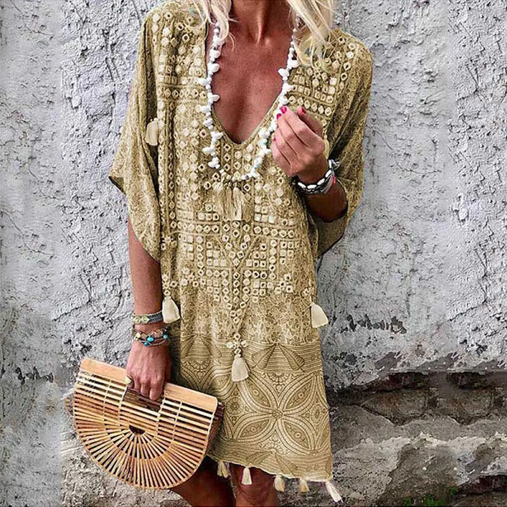 Женское богемное хлопковое льняное платье с коротким рукавом Свободный