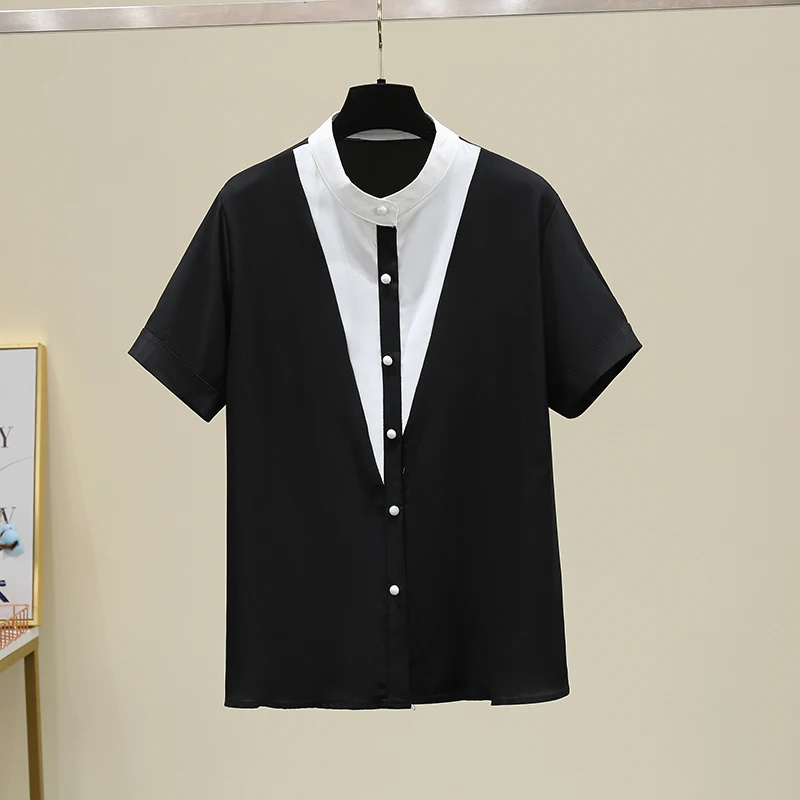 

2021 Summer Women Chiffon Blouse Elegant Patchwork Contrast Color Shirt Short Sleeves Single Breasted Shirts Womens Casual Tops