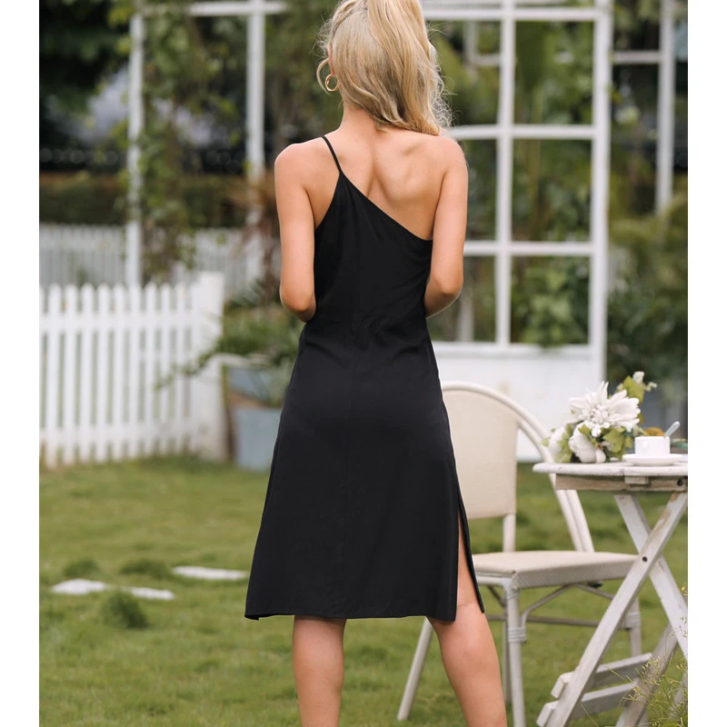 

Summer One Shoulder Dress Women Fashion Party Slim Female Streetwear Boho Mini Dresses Vestido Solid Color Split Fork Black New