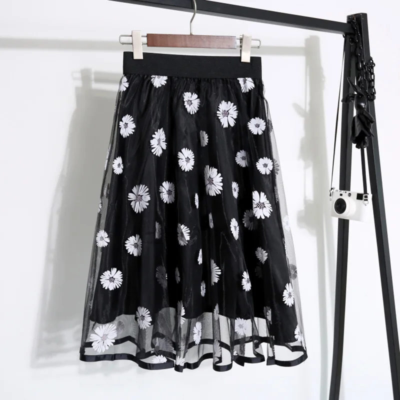 2020 New Spring Summer Vintage Floral Printed Mesh A-Line Tulle Skirts Elegant Midi High Waist Korean Style | Женская одежда