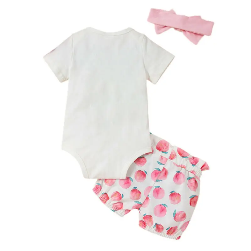 

Infant Baby Girls Short Sleeve Peach Print Romper Top Shorts Headband Outfit Set