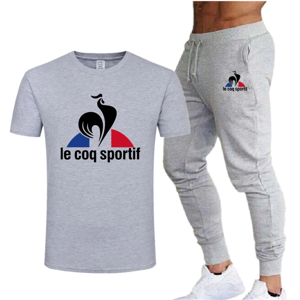 

2021 Men's Casual Jogging Sportswear Sports Suit Cotton T-Shirts + Pants Two-Piece Set, Trendy Brand Men's Suits