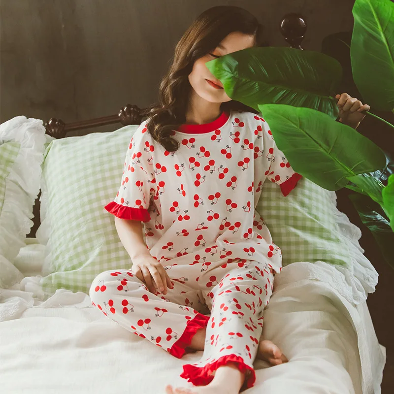 Милый пижамный комплект красного цвета с принтом вишни хлопковая футболка