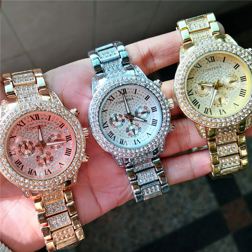 Reloj Mujer, новинка, золотые, серебряные, розовые, золотые, Известный Топ бренд, Роскошные, Contena, женские Стразы, полностью бриллианты, женские часы под платье