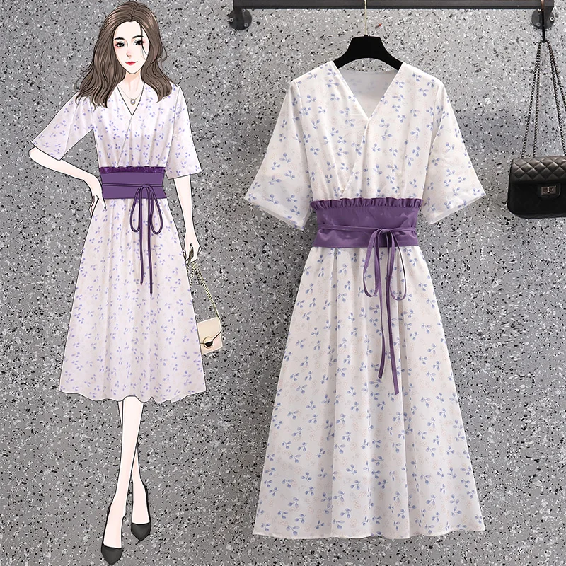 

EHQAXIN Summer Plus Size Women's Dress Fashion V-Neck Short-Sleeved Floral Long Lace-Up Tea Break Dress Casual Elegant M-4XL