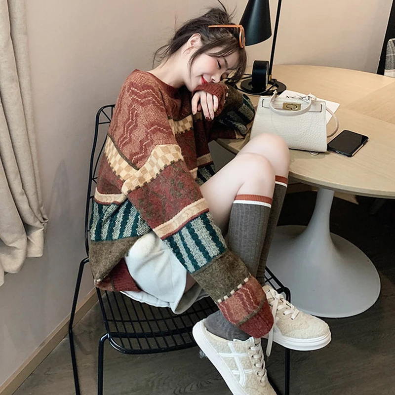 

RETRO art versatile sweater autumn winter women 2020 new fashion lazy style loose outer knitted top WSW175