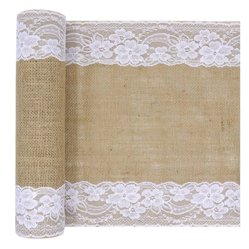 

Burlap Lace Table Runner, Rustic Natural Jute Table Decoration for Home Party Wedding Christmas Table Decor -12X108 Inch