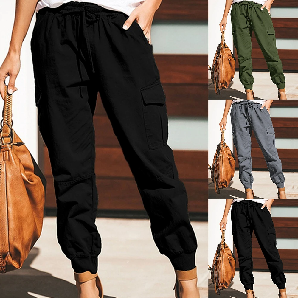 

Women Elastic Waist Cargo Pants Solid Color Drawstring Hip Hop Jogger Pants With Pockets Skinny Streetwear Casual Pants 2021 D30