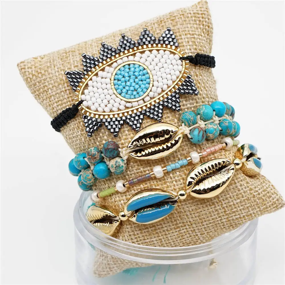 sets Boho MIYUKI браслет Evil Eye Pulseras Mujer синий Boho браслеты из ракушек мексиканские ювелирные изделия Женский натуральный камень аксессуары - Окраска металла: sets