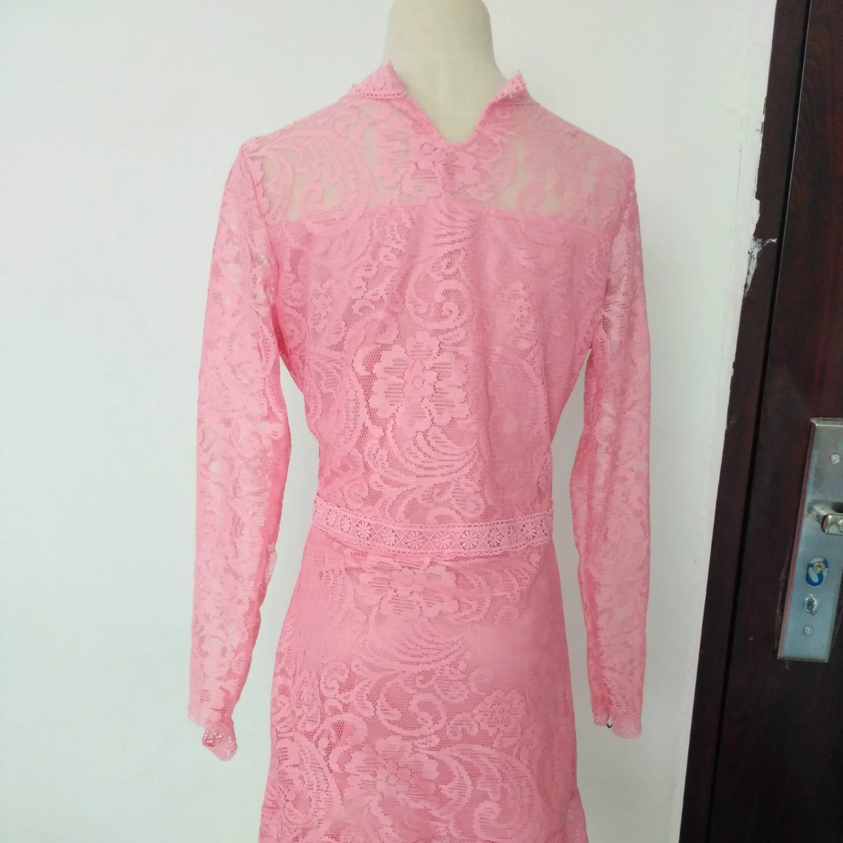 High Quality Elegant Hollow Out Lace Dress Women Long Sleeve Autumn Style Midi-calf Pink Spring Party Vestidos | Женская одежда