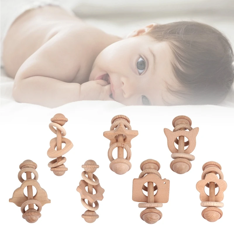 

Baby Wooden Beech Rattle Ring Soother Molar Teether Toddler Teething Nursing Toy 63HE