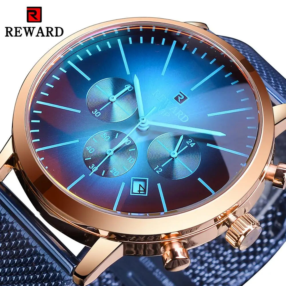 Награда синяя сталь сетка цветной браслет стекло дизайн три циферблата