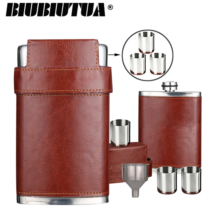 

BIUBIUTUA 8oz Outdoor Portable Flask Mini Stainless Steel Hip Flasks Lid With 3 Cups Leather Covered Flagon Flask For Alcohol