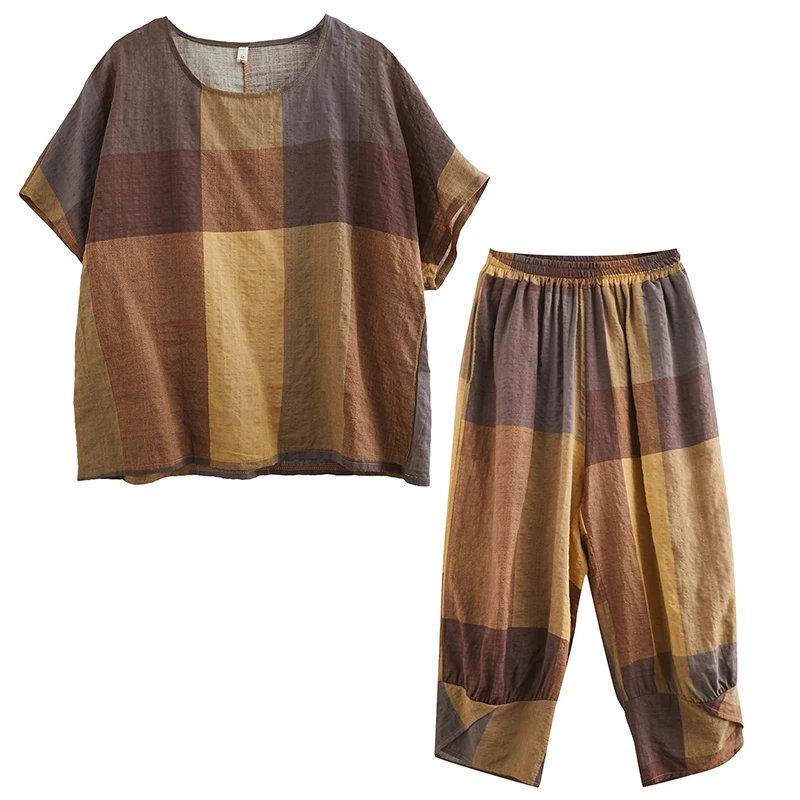

Oversized Two Sets Women Summer Fashion Loose Thin T-Shirt & Harem Pants Grid Short Sleeve Tees Elastic High Waist Casual Outfit