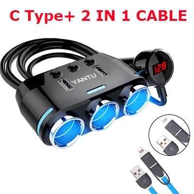 C with 2in1 cable ACCNIC 2 USB порта 3 Way розетка для автомобильного прикуривателя Разветвитель зарядное устройство DC 12~ 24V прикуриватель гнездо черный - Название цвета: C with 2in1 cable