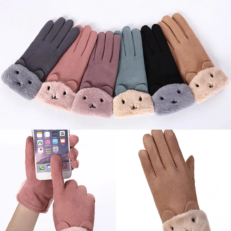 New Winter Female Lace Warm Cashmere Three Ribs Cute Mittens Double Thick Plush Wrist Women Touch Screen Driving Gloves