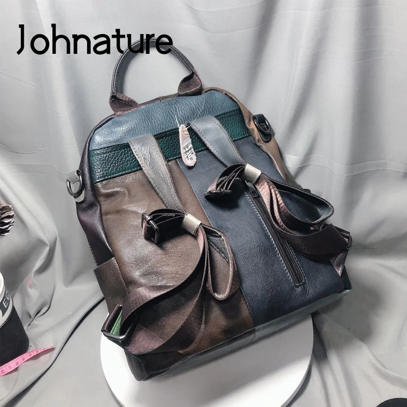 Женский винтажный мини-рюкзак Johnature из натуральной кожи со вставками случайный