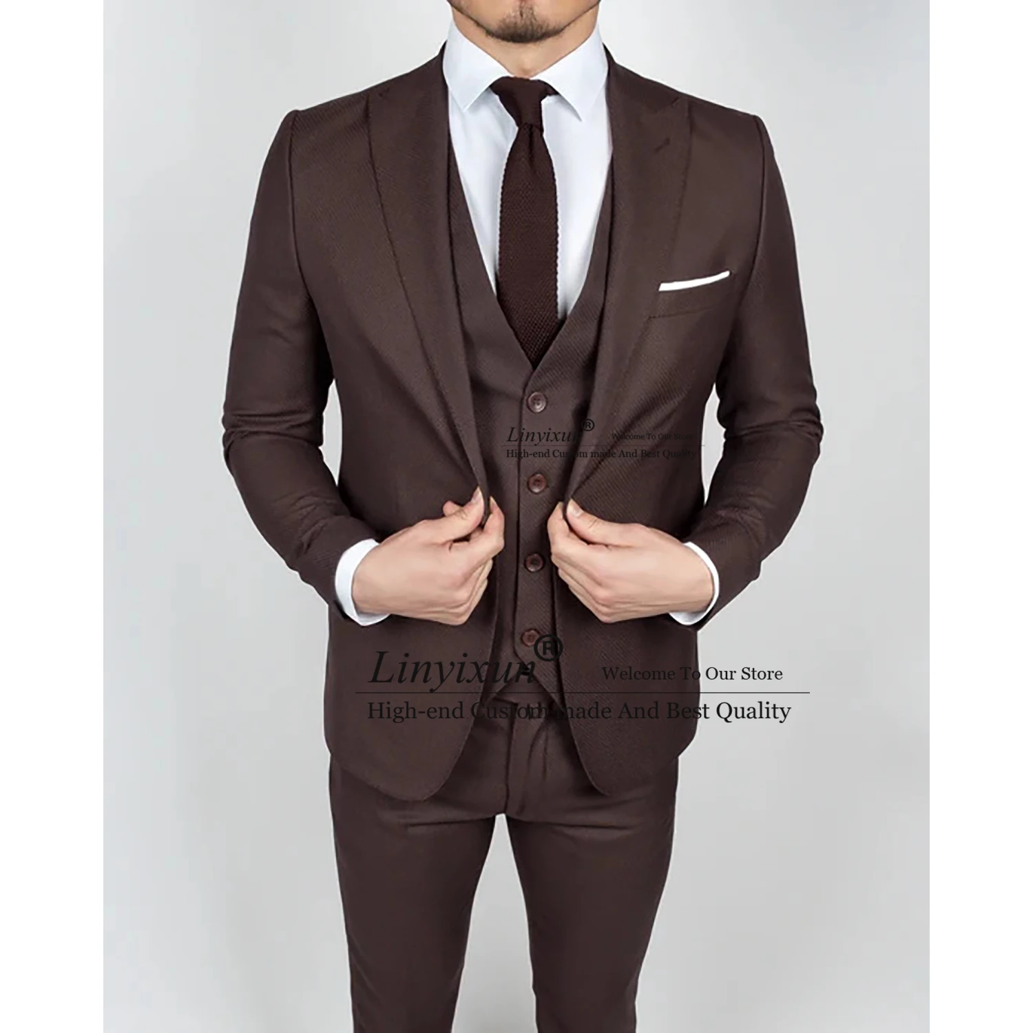 

Classic Brown Mens Suits Slim Fit Wedding Tuxedo Groom 3 Piece Set Business Blazer Formal Banquet Costume Homme Jacket Pant Vest