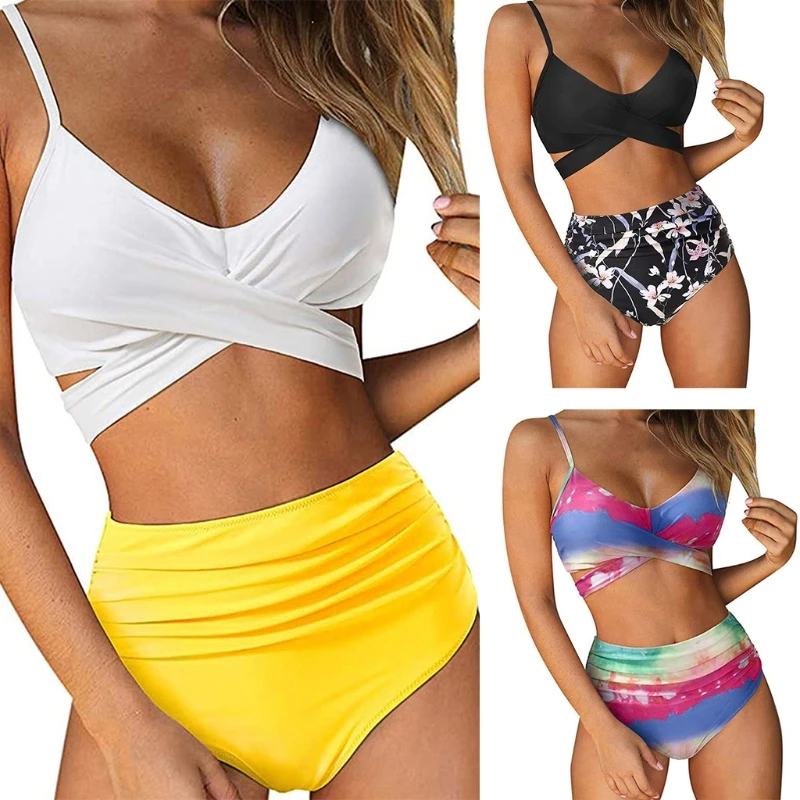 

Women Sexy 2pcs Bikini Set Ruched Cross Tie Back Swimsuit High Waist Beachwear