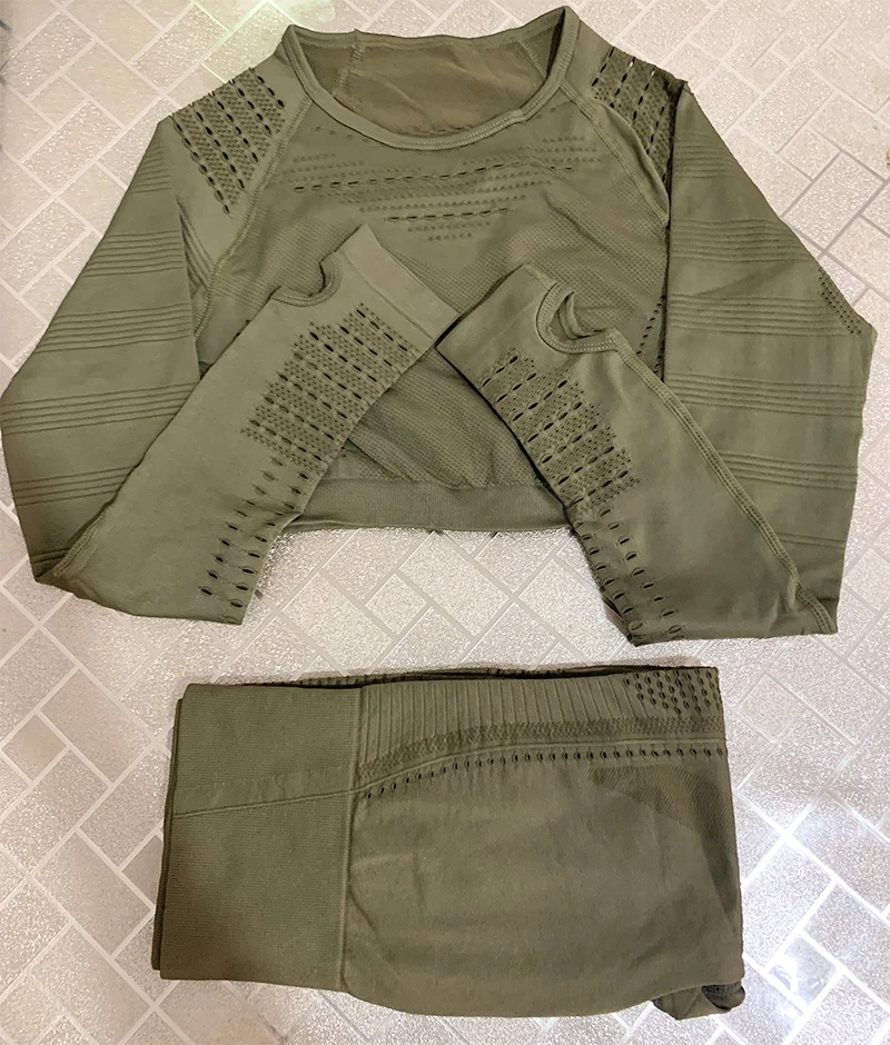 Army green sets Женский бесшовный набор для фитнеса с высокой талией, энергетический спортивный костюм, спортивные сетчатые леггинсы, рубашки, спортивный костюм с длинными рукавами, спортивные комплекты для бега - Цвет: Army green sets