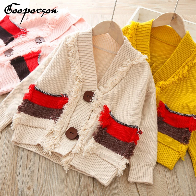 Модный Кардиган вязаный джемпер для девочек свободная Меховая куртка верхняя