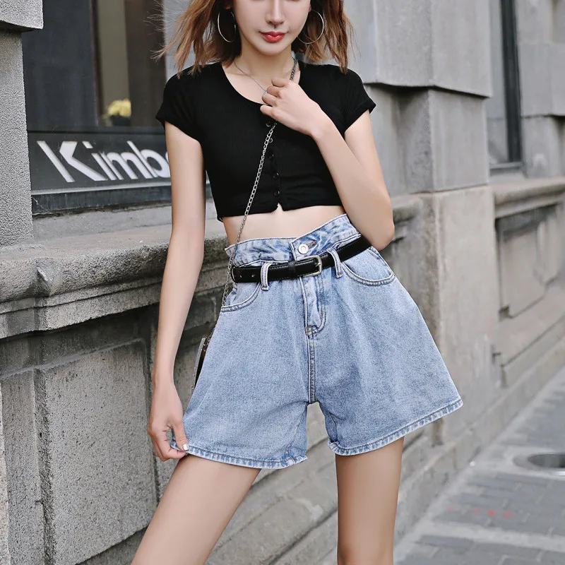 

Джинсовые шорты женские, однотонные, с высокой талией, универсальные, из тонкого денима, для лета