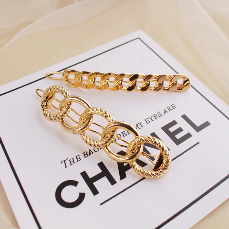 

Hot Selling Fashion Acrylic Metal Chain Hair Clip Pin Barrette Korean Hair Accessories Geometric Gold Color Hair Clips for Women