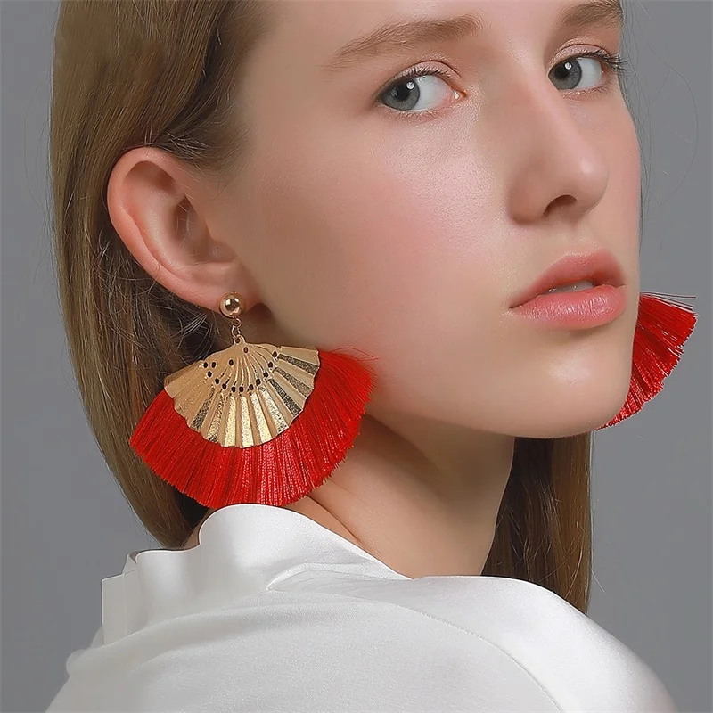 

Vintage Fashion Bohemian Tassel Earrings Women Cotton Silk Fabric Big Red Fringe Drop Dangle Earrings 2020 Female Party Jewelry