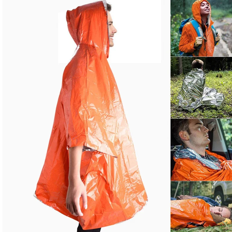 

Outdoor Emergency Blanket Poncho Ultralight Waterproof Thermal Survival Space Blanket Ponchos with Hood for Camping Hiking