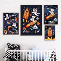 planet space rocket astronaut ufo art canvas painting nordic cartoon posters and prints wall pictures kids room decoration mural