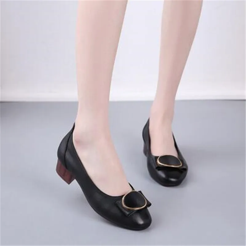 

SNURULANPromotion 2021New Round Toe Bow Low-heel Shoes Fashion Breathable Cowhide Leather Shoes Concise Comfort Work Shoes Women
