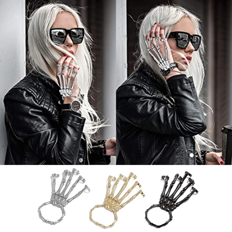 

Retro Skull Finger Metal Skeleton Bracelet Ring Hip Hop Street Dance Cosplay Wristband Suitable for Halloween Holidays