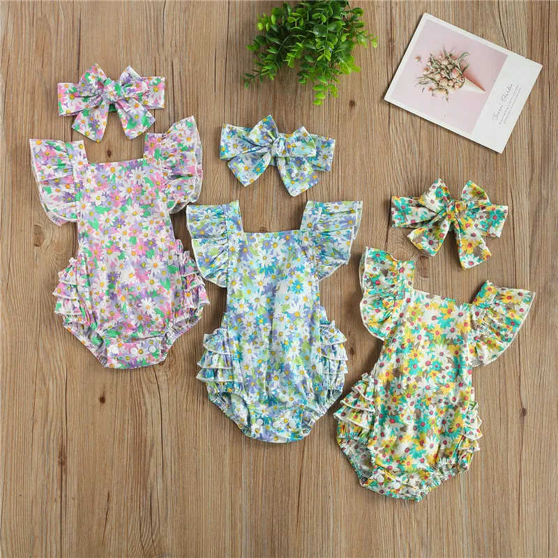 

Комбинезон для новорожденных девочек 2 шт., повязка на голову с цветочным принтом маргариток, с рукавами-летячими, квадратным воротником и м...