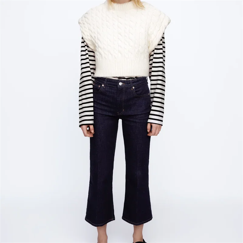 

Women 2021 Fashion Loose Cable-knit Cropped Vest Sweater Vintage O Neck Sleeveless Female Waistcoat Chic Tops