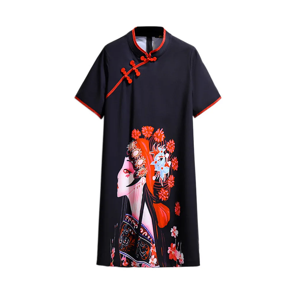 

Chinese Tradional Women Dress Casual Loose Style Cheongsam Opera Short Sleeve O-neck Vestidos Femme Dress Robe Plus Size 6XL