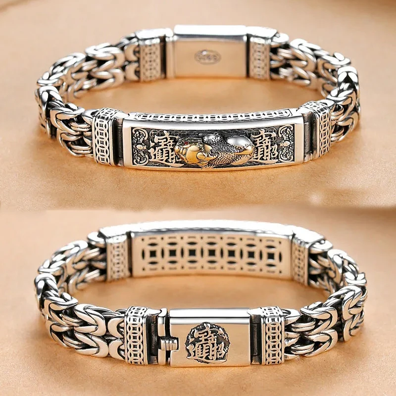 Real Silver Retro Thick Personalized Lucky Pixiu Bracelet Men Thai silver Domineering Trend Personalized Wish Money Jewelry Gift