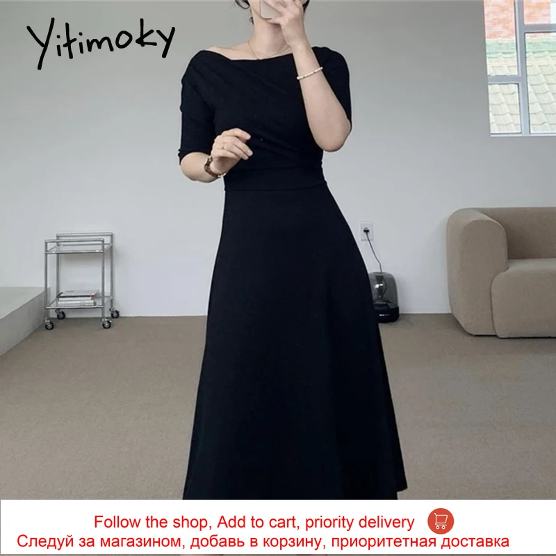 

Yitimoky Vintage Women Dresses Skew Collar Ruched 2021 Summer Fashion Korean New Short Sleeve Black A-ine Mid-Calf Slim Dress