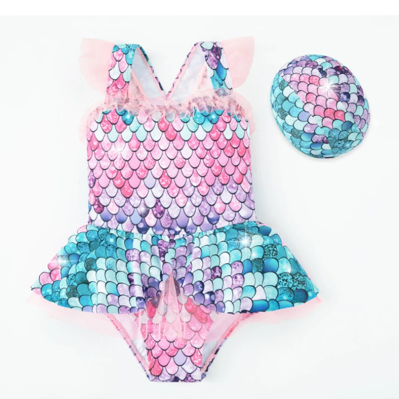 

One Piece Bodysuit Swimsuit Mermaid Swimwear with Swimming Cap For Kids