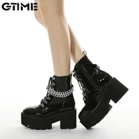 leather gothic black boots women heel sexy chain chunky heel platform boots female punk style ankle boots zipper lahxz 12