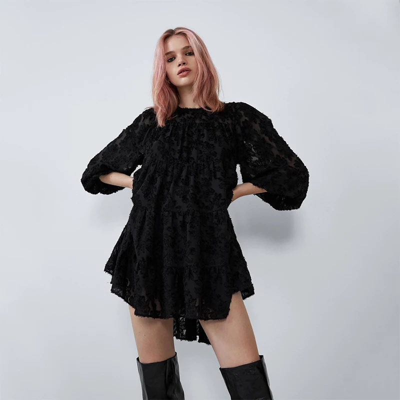 ZA Новое платье для женщин с круглым вырезом и длинным рукавом Модное шифоновое