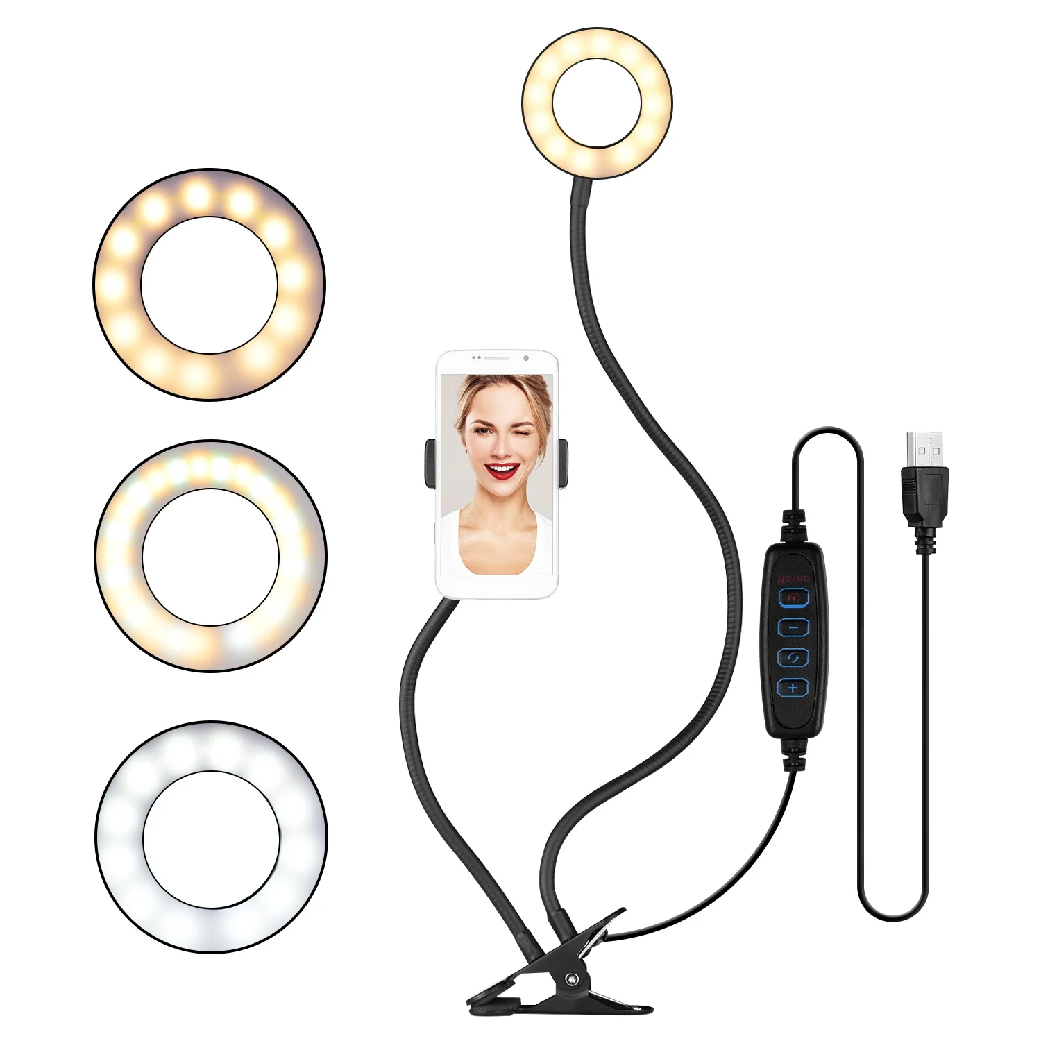 

Webcam Light Stand 3.5 Inch Clip-On Mini USB Ring Light 3 Lighting Modes Dimmable Flexible Arms Design with Webcam Mount