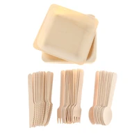 48pcs disposable cutlery set biodegradable wooden dinner utensils salad dessert plates spoons forks knives party supplies