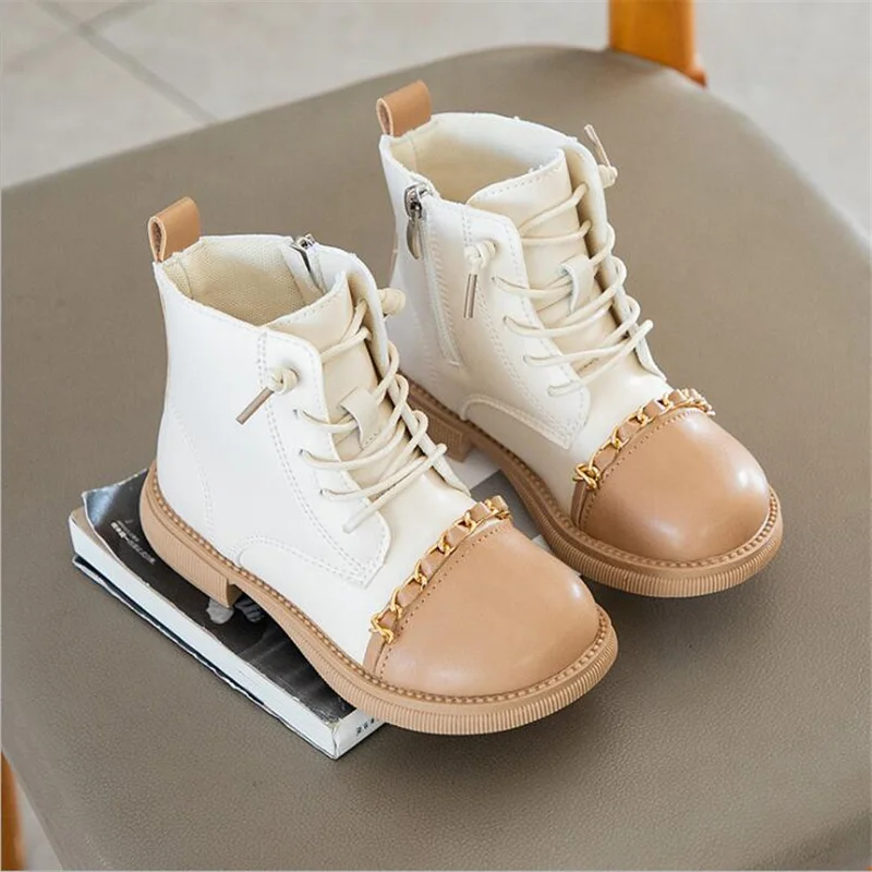 

Girls Martin Boots Fashion Metal chain British Style Single boot Children's Autumn Winter Princess Cute Splicing short boots