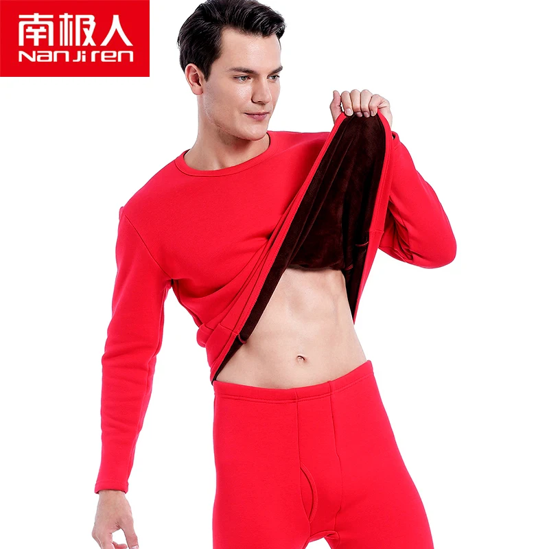 NANJIREN Men Brand Thermal Underwear Sets Men Red Warm Casual Underwear Hight Stretch Long Johns Set Old MenThermal Pajamas