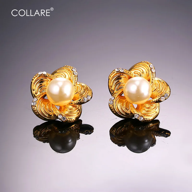 

Collare Earrings For Women Simulated Pearl With Flower Yellow Gold/Silver Color Stud Earrings Fashion Jewelry E203