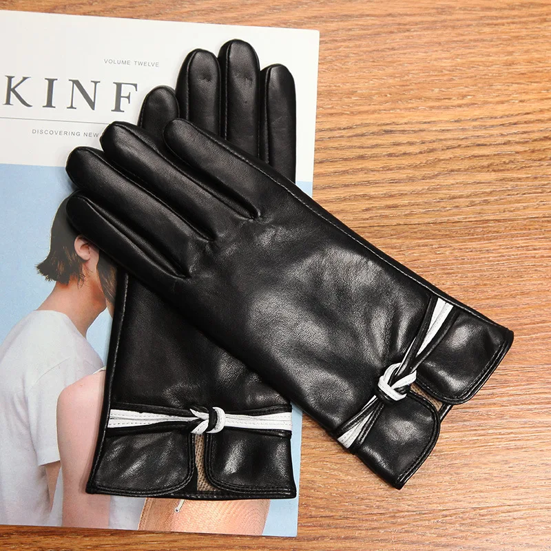 

Обувь из натуральной кожи женские перчатки осень-зима Термальность шерстяная вязаная подкладка перчатки из овчины женские Черные и темно-к...