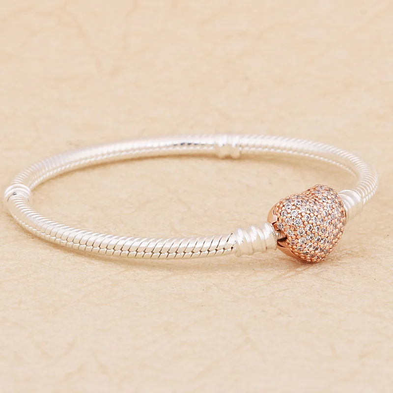 

100% 925 Sterling Silver Pan Pan Shiny Rose Gold Heart With Crystal Button Bracelet Fit European Charm Bracelets Women Jewelry