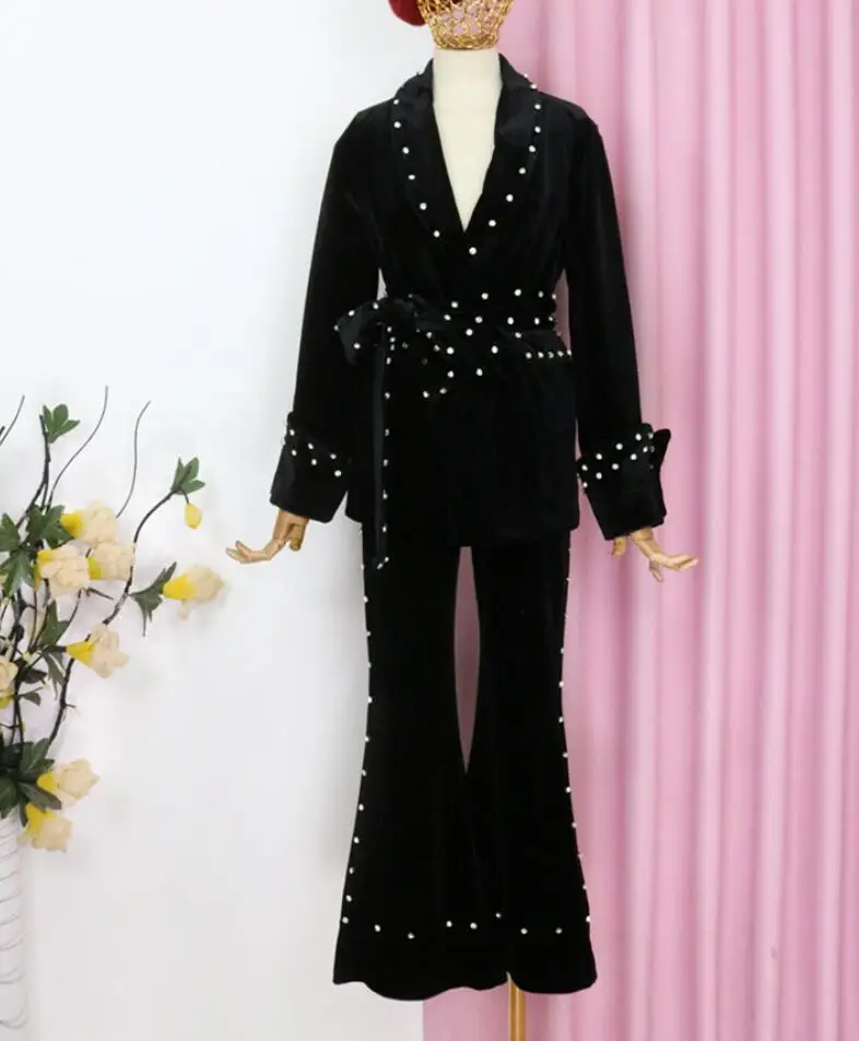 

Pearl Beading Women's Trousers Tracksuits long sleeve Lace-up Coat + Wide-leg pant two piece Velvet sets
