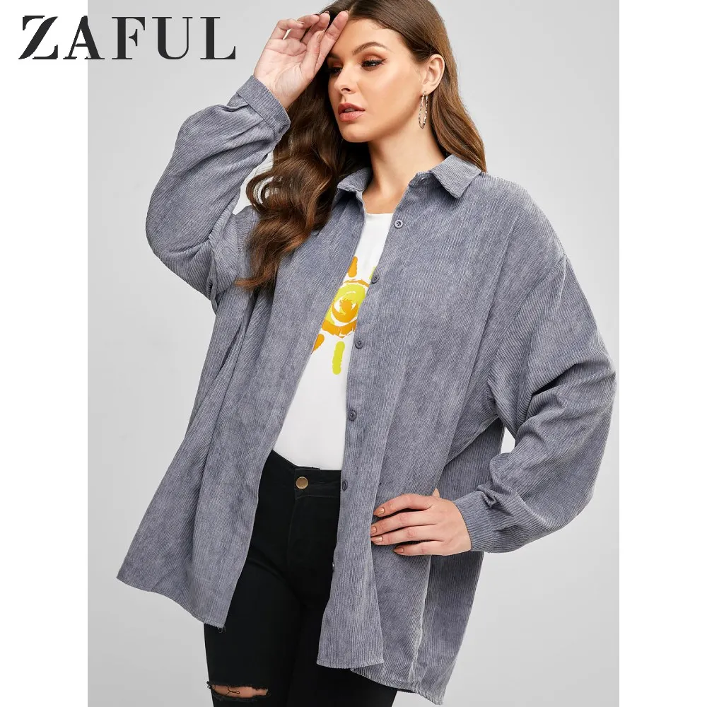 ZAFUL Вельветовая Удлиненная рубашка с заниженным плечом куртка на пуговицах