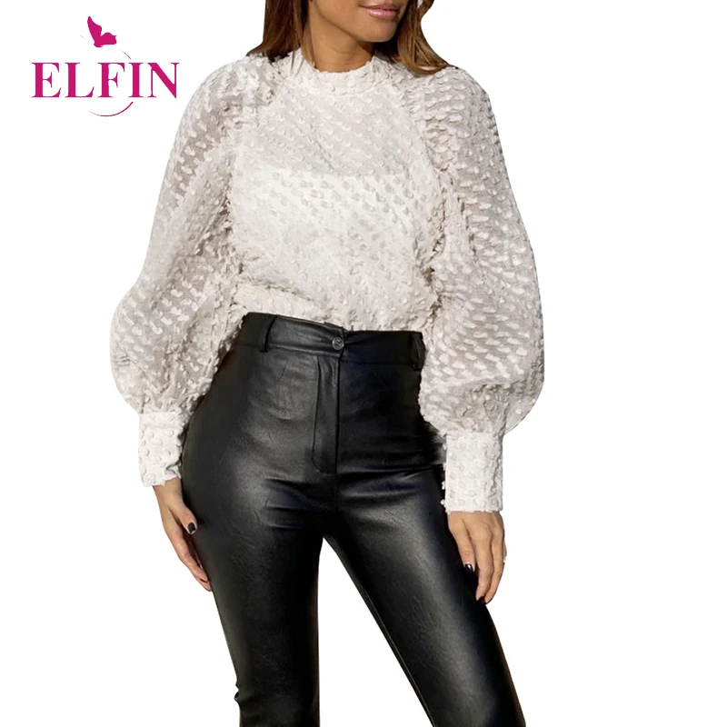 Женская футболка с длинным рукавом-фонариком Повседневная белая Сетчатая